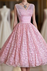 V Neck Lace High Low A Line Vintage Cheap Cute Short Semi Formal Prom Dresses